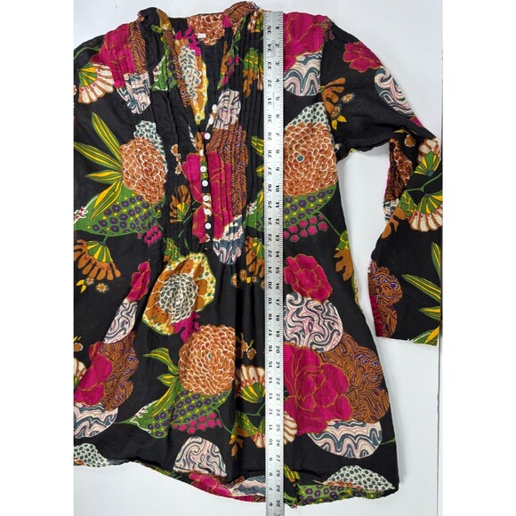 Boho Floral Tunic Blouse Womens Small Black Multicolor Peasant Top Lightweight - Picture 11 of 12